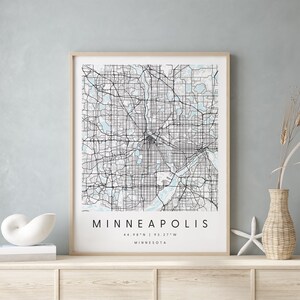 Minneapolis Minnesota, Digital Art Map, Digitaldruck Poster, Blau-Weiß Stadt karte, Unikat, Geschenkkarte, Zeitgenössische Karte, Moderne Karte