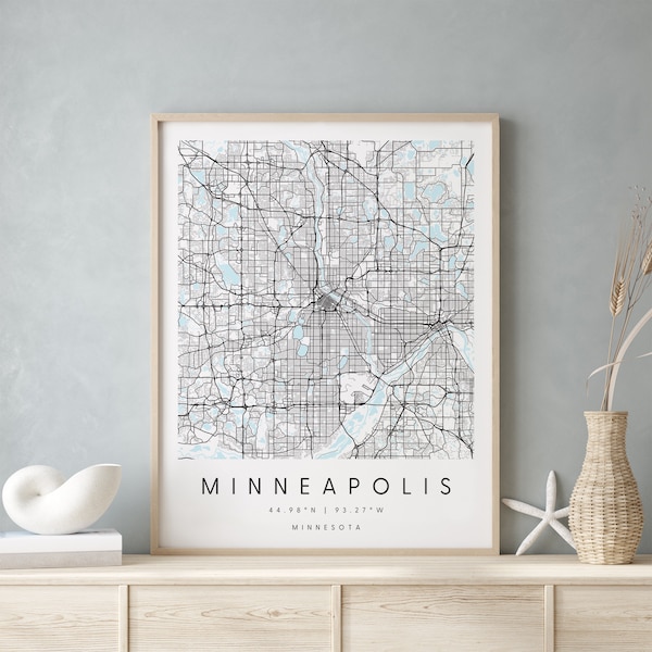 Minneapolis Minnesota, Digital Art Map, Digital Print Poster, Blue and White City Map, Unique, Gift Map, Contemporary Map, Modern Map