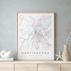 Chattanooga Tennessee, mapa de arte digital, pôster de impressão digital, mapa da cidade em azul e branco, exclusivo, mapa para presentes, mapa contemporâneo, mapa moderno