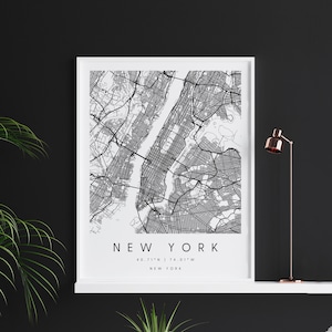 New York Manhattan, digitale kunstkaart, digitale printposter, zwart-wit stadskaart, uniek, cadeaukaart, hedendaagse kaart, moderne kaart
