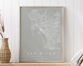 San Diego California, Digital Art Map, Digital Print Poster, Gray and White City Map, Unique, Gift Map, Contemporary Map, Modern Map