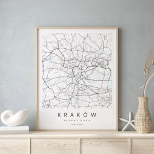 Cracovie, Pologne, plan de la ville imprimable, art mural bleu et blanc, impression de carte moderne, cadeau de voyage, décoration d&#39;intérieur, affiche minimaliste