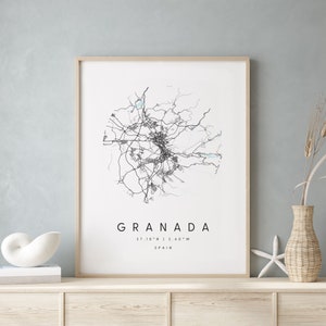 Granada Spanien, Digitale Kunst Karte, Digitaldruck Poster, Blau weiß Stadt karte, Unikat, Geschenk karte, zeitgenössische Karte, Moderne Karte 2
