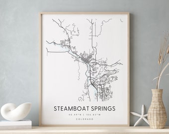 Steamboat Spring Colorado, Carte d’art numérique, Affiche imprimée numérique, Carte de la ville bleue et blanche, Unique, Carte cadeau, Carte contemporaine