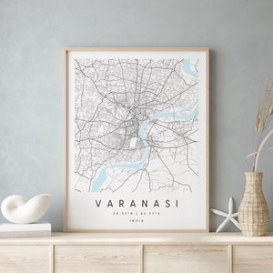 Varanasi Indien, Digitale Kunst Karte, Digitaldruck Poster, Blau weiß Stadt karte, Unikat, Geschenk karte, zeitgenössische Karte, Moderne Karte