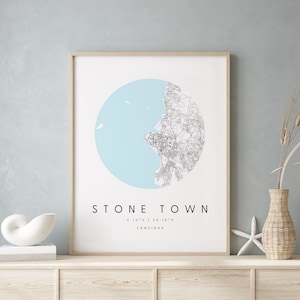 Steinstadt Sansibar, Digitale Kunst Karte, Digitaldruck Poster, Blau weiß Stadt karte, Unikat, Geschenk karte, zeitgenössische Karte, Moderne Karte 1