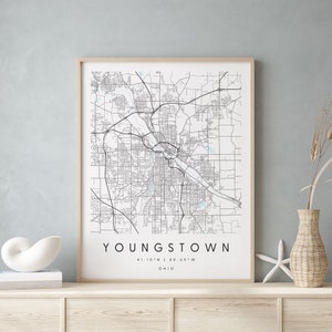 Youngstown, Ohio, Mapa da cidade para impressão, Arte de parede azul e branca, Impressão de mapa moderno, Presente de viagem, Decoração de casa, Pôster minimalista