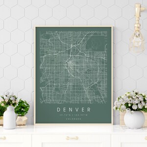 Denver Colorado, Digitale Kunst Karte, Digitaler Druck Poster, Grün und Weiß Stadtplan, Unikat, GeschenkKarte, zeitgenössische Karte, moderne Karte
