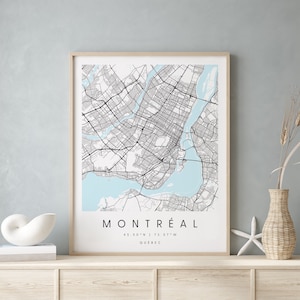 Montréal Québec, Carte d’art numérique, Affiche imprimée numérique, Carte de la ville bleue et blanche, Unique, Carte cadeau, Carte contemporaine, Carte moderne