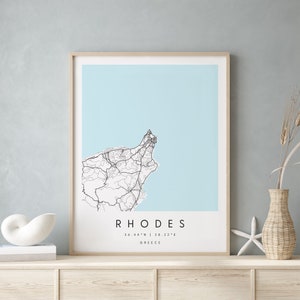 Rhodos Griechenland, Digitale Kunst Karte, Digitaldruck Poster, Blau und Weiß Stadt karte, Unikat, Geschenk karte, zeitgenössische Karte, Moderne Karte