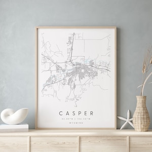 Casper Wyoming, Carte d’art numérique, Affiche imprimée numérique, Carte de la ville bleue et blanche, Unique, Carte cadeau, Carte contemporaine, Carte moderne