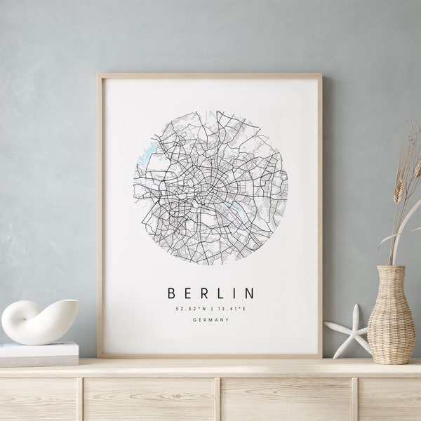Berlin Germany, Digital Art Map, Digital Print Poster, Blue and White City Map, Unique, Gift Map, Contemporary Map, Modern Map 1