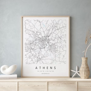 Athènes Géorgie, Carte d’art numérique, Affiche imprimée numérique, Carte de la ville bleue et blanche, Unique, Carte cadeau, Carte contemporaine, Carte moderne