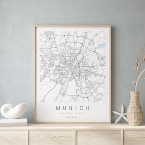 Munich Germany, Printable City Map, Blue & White Wall Art, Modern Map Print, Travel Gift, Home Decor, Minimalist Poster