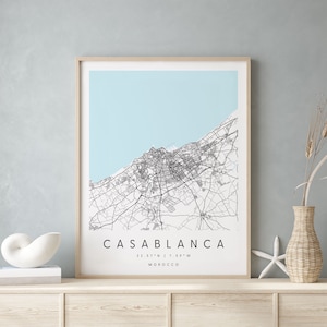 Casablanca Maroc, Carte d’art numérique, Affiche imprimée numérique, Carte de la ville bleue et blanche, Unique, Carte cadeau, Carte contemporaine, Carte moderne