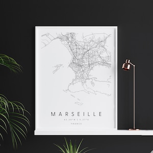 Marselha França, mapa de arte digital, pôster de impressão digital, mapa da cidade em preto e branco, exclusivo, mapa de presentes, mapa contemporâneo, mapa moderno