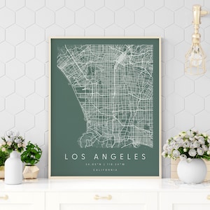 Los Angeles Califórnia, mapa de arte digital, pôster de impressão digital, mapa da cidade verde e branco, exclusivo, mapa para presentes, mapa contemporâneo, mapa moderno