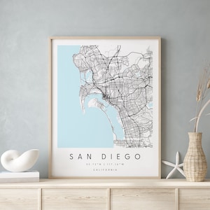 San Diego Califórnia, mapa de arte digital, pôster de impressão digital, mapa da cidade em azul e branco, exclusivo, mapa para presentes, mapa contemporâneo, mapa moderno