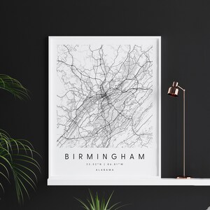 Birmingham Alabama, Digitale Kunst kaart, Digitale Print Poster, Zwart-wit Stadskaart, Uniek, Gift Map, Hedendaagse Kaart, Moderne Kaart
