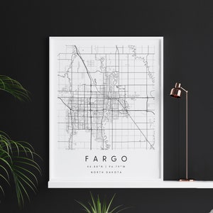 Fargo North Dakota, Digitale Kunst kaart, Digitale Print Poster, Zwart-wit Stadskaart, Uniek, Cadeau kaart, Hedendaagse kaart, Moderne kaart