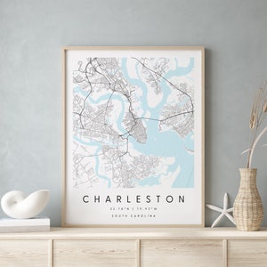 Charleston South Carolina, Digital Art Map, Digitaldruck Poster, Blau-Weiß Stadtplan, Unikat, Geschenkkarte, Zeitgenössische Karte, Moderne Karte