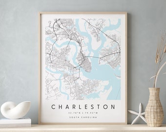Charleston South Carolina, Digital Art Map, Digital Print Poster, Blue and White City Map, Unique, Gift Map, Contemporary Map, Modern Map