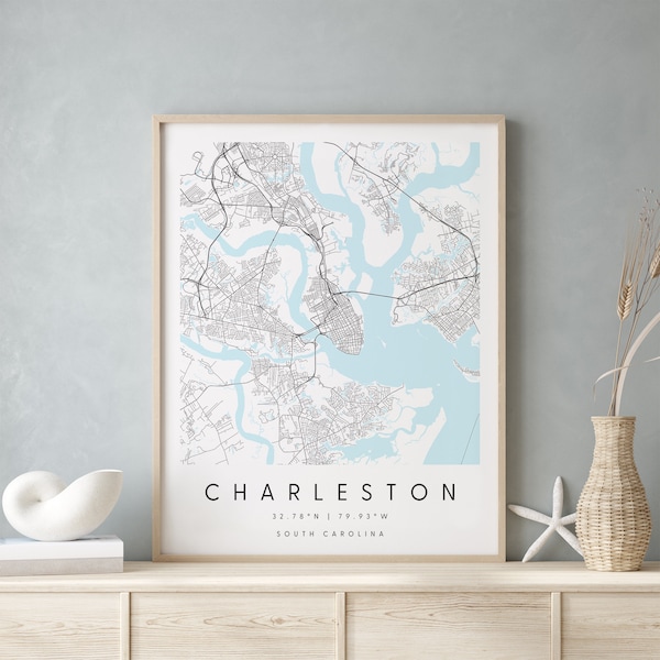 Charleston South Carolina, Digital Art Map, Digital Print Poster, Blue and White City Map, Unique, Gift Map, Contemporary Map, Modern Map