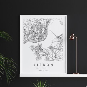 Lisbonne Portugal, Carte d’art numérique, Affiche imprimée numérique, Carte de la ville en noir et blanc, Unique, Carte cadeau, Carte contemporaine, Carte moderne