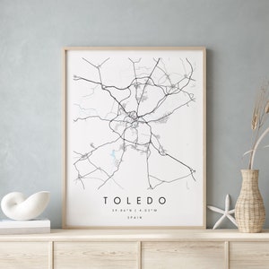 Toledo Spanien, Digital Art Map, Digitaldruck Poster, Blau-Weiß Stadt karte, Unikat, Geschenkkarte, Zeitgenössische Karte, Moderne Karte