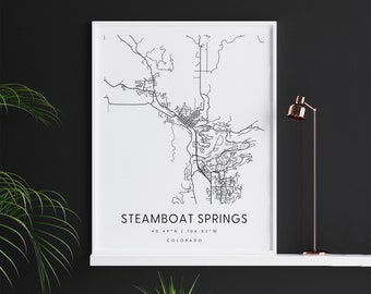 Steamboat Spring Colorado, Carte d’art numérique, Affiche imprimée numérique, Carte de la ville en noir et blanc, Unique, Carte cadeau, Carte contemporaine
