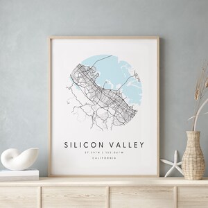 Silicon Valley Californië, Digitale Kunst Kaart, Digitale Print Poster, Blauw en Wit Stadskaart, Uniek, Gift Map, Hedendaagse Kaart, Moderne Kaart 1