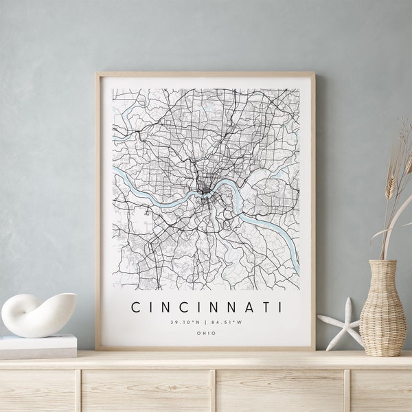 Cincinnati Ohio, Digital Art Map, Digital Print Poster, Blue and White City Map, Unique, Gift Map, Contemporary Map, Modern Map