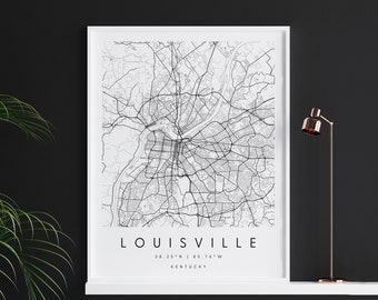 Louisville Kentucky, Carte d’art numérique, Affiche imprimée numérique, Carte de la ville en noir et blanc, Unique, Carte cadeau, Carte contemporaine, Carte moderne