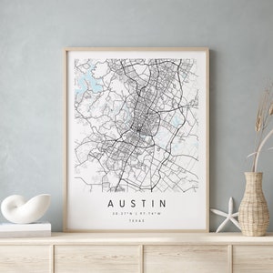 Austin Texas, Digital Art Map, Digitaldruck Poster, Blau-Weiß Stadt karte, Unikat, Geschenkkarte, Zeitgenössische Karte, Moderne Karte