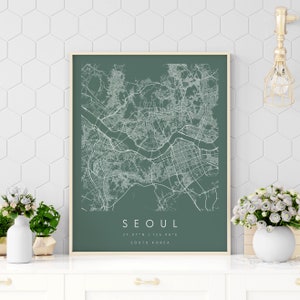 Seoul Südkorea, Digitale Kunst Karte, Digitaler Druck Poster, Grün und Weiß Stadtplan, Unikat, GeschenkKarte, zeitgenössische Karte, moderne Karte