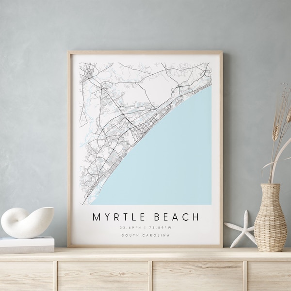 Myrtle Beach South Carolina, Digital Art Map, Digital Print Poster, Blue and White City Map, Unique, Gift Map, Contemporary Map, Modern Map