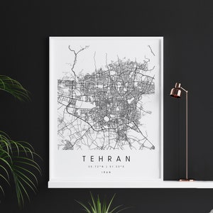 Tehran Iran, Digitale Kunst Karte, Digitaldruck Poster, Schwarz-Weiß Stadt karte, Unikat, Geschenk karte, zeitgenössische Karte, Moderne Karte