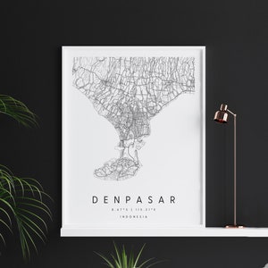 Denpasar Indonesien, Digitale Kunst Karte, Digitaldruck Poster, Schwarz-Weiß Stadt karte, Unikat, Geschenk karte, zeitgenössische Karte, Moderne Karte