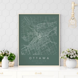 Ottawa Canada, Carte d’art numérique, Affiche numérique, Carte de la ville verte et blanche, Unique, Carte cadeau, Carte contemporaine, Carte moderne