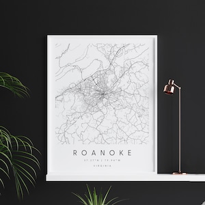 Roanoke Virginia, Digitale Kunst Karte, Digitaldruck Poster, Schwarz-Weiß-Stadtplan, Unikat, Geschenkkarte, zeitgenössische Karte, moderne Karte