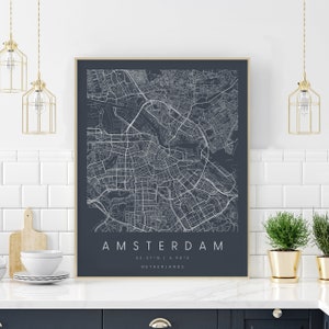 Amsterdam Niederlande, Digitale Kunst Karte, Digitaldruck Poster, Neutrale Marine und Weiße Stadtplan, Unikat, Geschenk, zeitgenössische Karte, moderne Karte