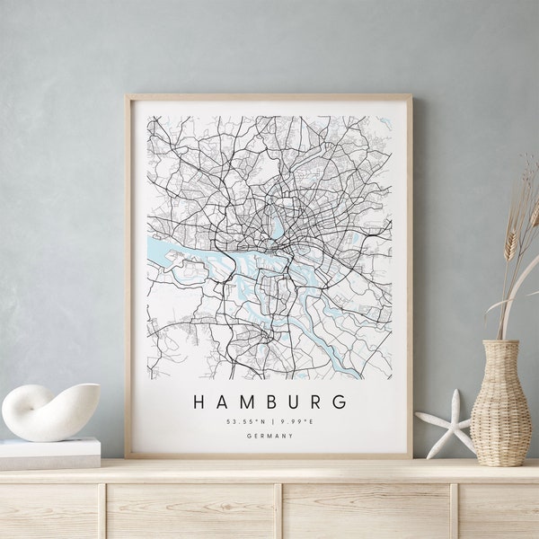 Hamburg Germany, Digital Art Map, Digital Print Poster, Blue and White City Map, Unique, Gift Map, Contemporary Map, Modern Map