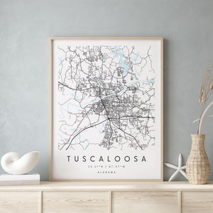 Tuscaloosa Alabama, Digitale Kunst Karte, Digitaldruck Poster, Blau weiß Stadt karte, Unikat, Geschenk karte, zeitgenössische Karte, Moderne Karte