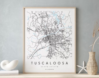 Tuscaloosa Alabama, Printable City Map, Blue & White Wall Art, Modern Map Print, Travel Gift, Home Decor, Minimalist Poster