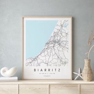 Biarritz Frankreich, Digitale Kunst Karte, Digitaldruck Poster, Blau weiß Stadt karte, Unikat, Geschenk karte, zeitgenössische Karte, Moderne Karte