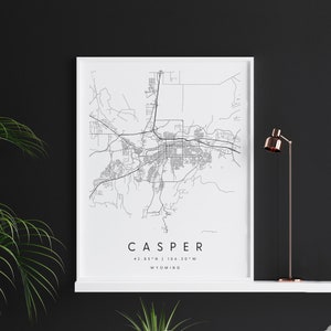 Casper Wyoming, Carte d’art numérique, Affiche imprimée numérique, Carte de la ville en noir et blanc, Unique, Carte cadeau, Carte contemporaine, Carte moderne