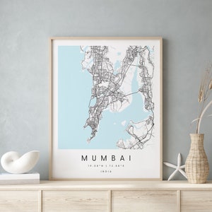 Mumbai Indien, Digitale Kunst Karte, Digitaldruck Poster, Blau und Weiß Stadt karte, Unikat, Geschenk karte, zeitgenössische Karte, Moderne Karte