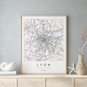 Lyon France, Digital Art Map, Digital Print Poster, Blue and White City Map, Unique, Gift Map, Contemporary Map, Modern Map