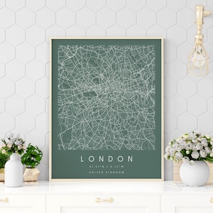 London Vereinigtes Königreich, Digitale Kunst Karte, Digitaldruck Poster, Grün und Weiß Stadtplan, Unikat, GeschenkKarte, zeitgenössische Karte, moderne Karte