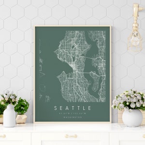 Seattle Washington, Digitale Kunst Karte, Digitaldruck Poster, Grün und Weiß Stadtplan, Unikat, GeschenkKarte, zeitgenössische Karte, moderne Karte